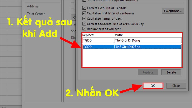 Từ viết tắt đã được thêm vào  Nhấn OK để lưu cài đặt